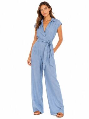 Light Blue Collared Wrap-Waist Wide-Leg Jumpsuit
